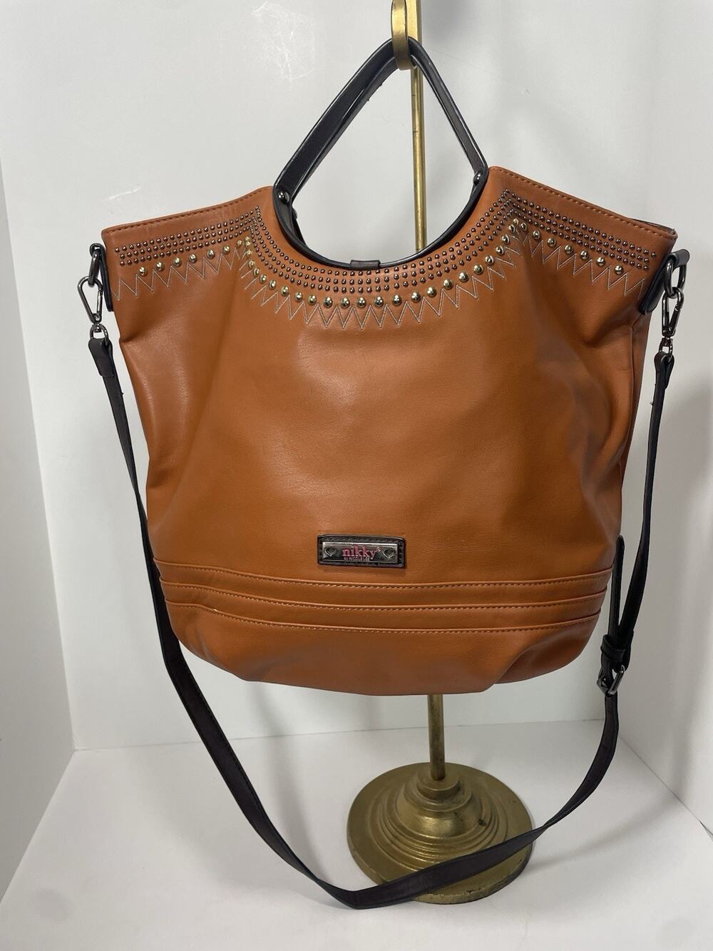 Nikky by Nicole Lee Bucket Bag Tan w/Brown & Studded Xtra Large Tote Purse USA